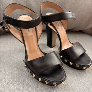 Valentino Black Leather Platform Sandals with Gold Studs